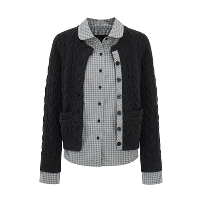 ケーブルチェック レイヤードカーディガン BLACK HEATHER GREY front