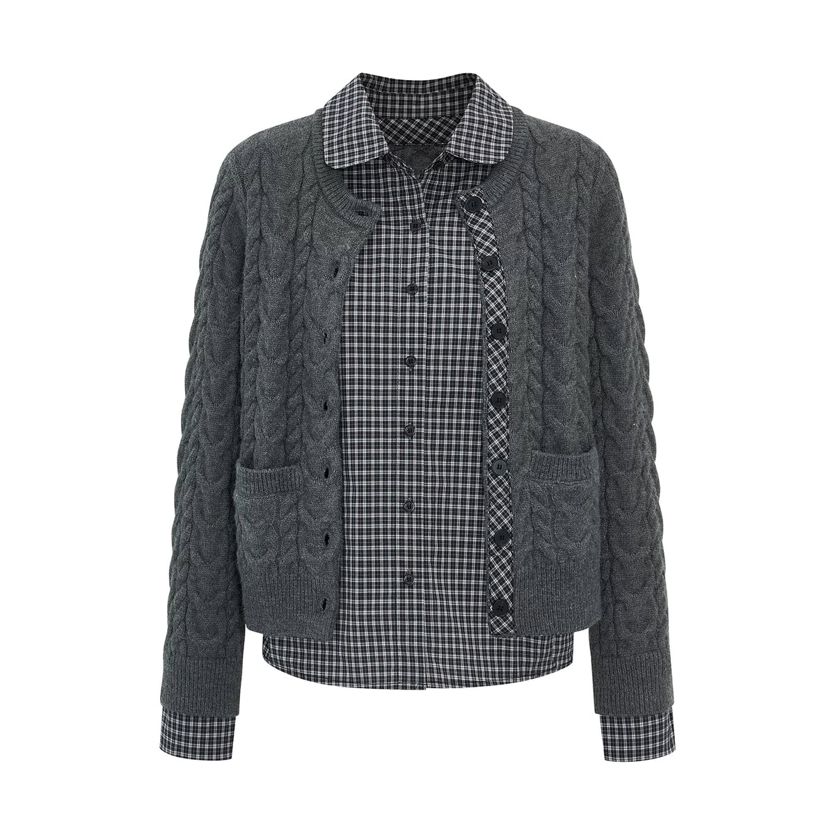 ケーブルチェック レイヤードカーディガン LIGHT HEATHER GREY front