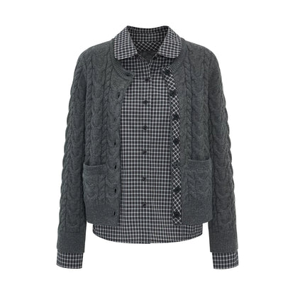 ケーブルチェック レイヤードカーディガン LIGHT HEATHER GREY front