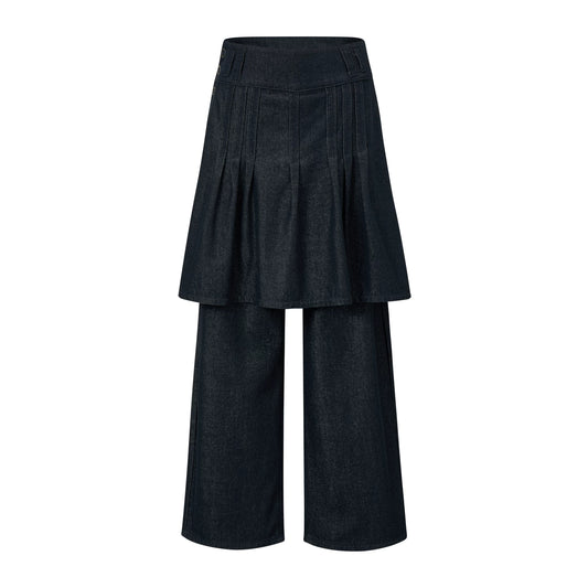 プリーツスカートレイヤード デニムパンツ DENIM BLUE front