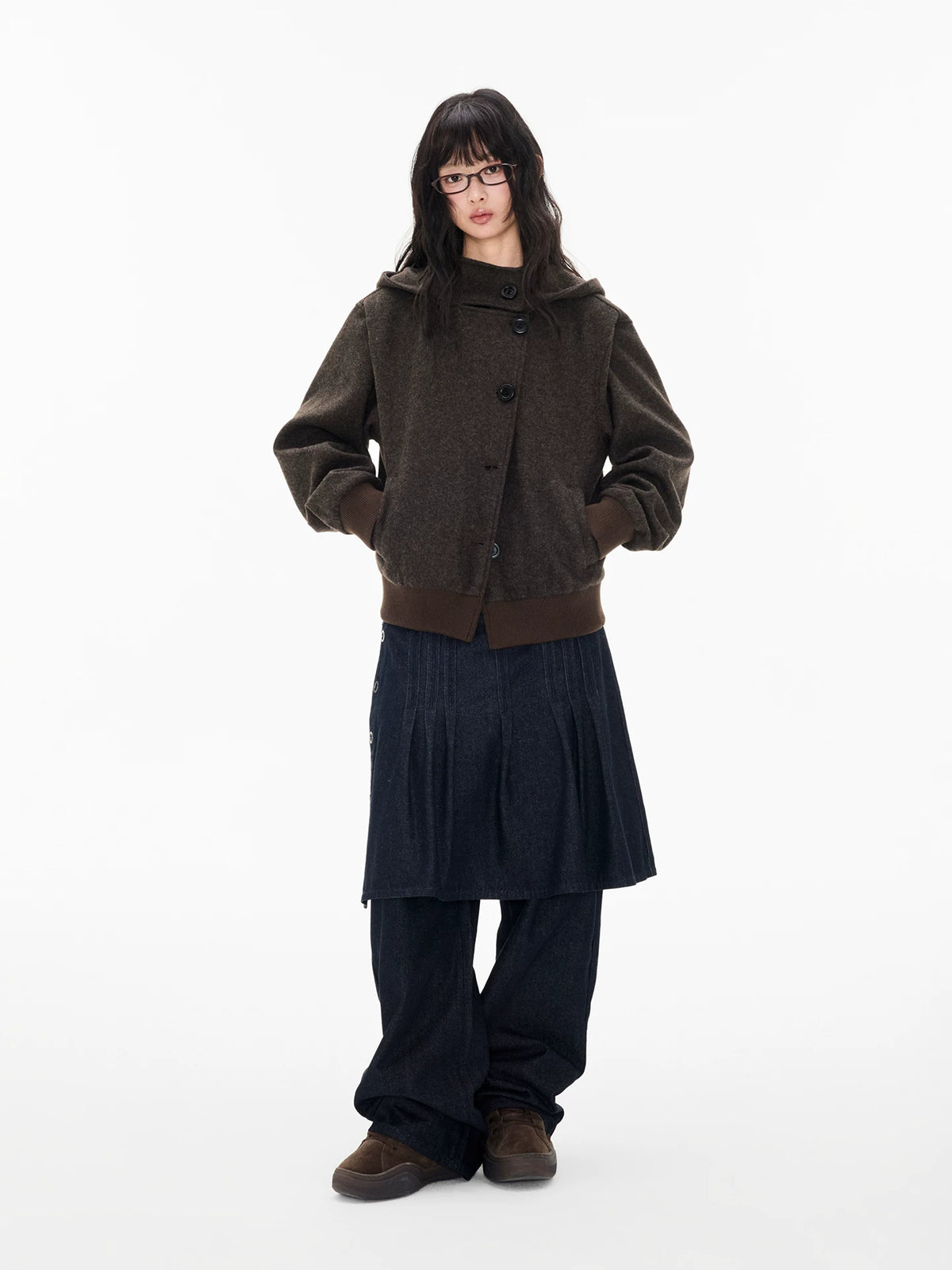 プリーツスカートレイヤード デニムパンツ 着用イメージ 3