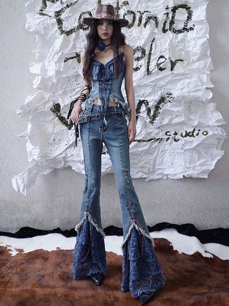 レースパッチワーク ストラップフレアデニムパンツ DENIM 1