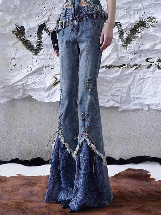 レースパッチワーク ストラップフレアデニムパンツ DENIM 2