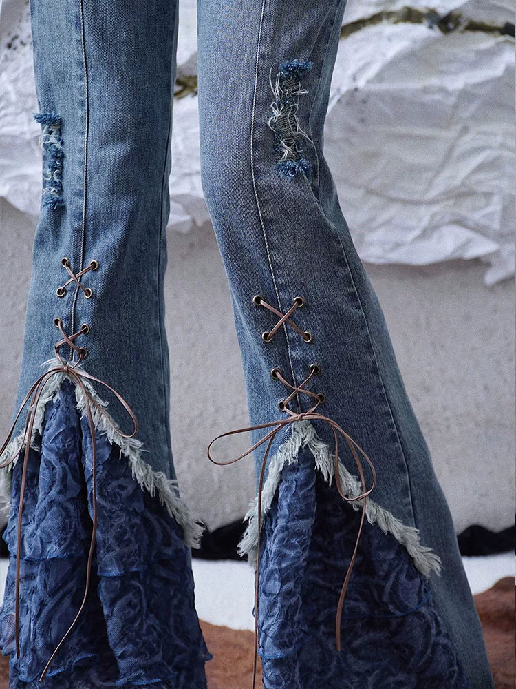 レースパッチワーク ストラップフレアデニムパンツ DENIM 3