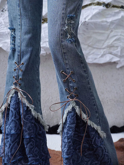 レースパッチワーク ストラップフレアデニムパンツ DENIM 3