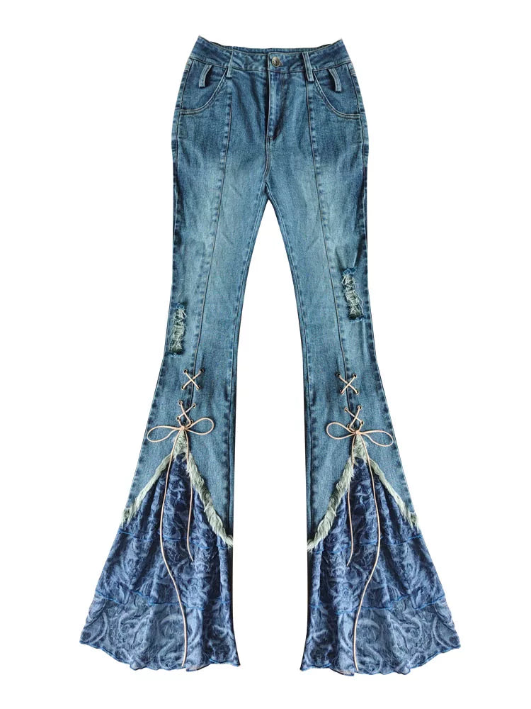 レースパッチワーク ストラップフレアデニムパンツ DENIM 4