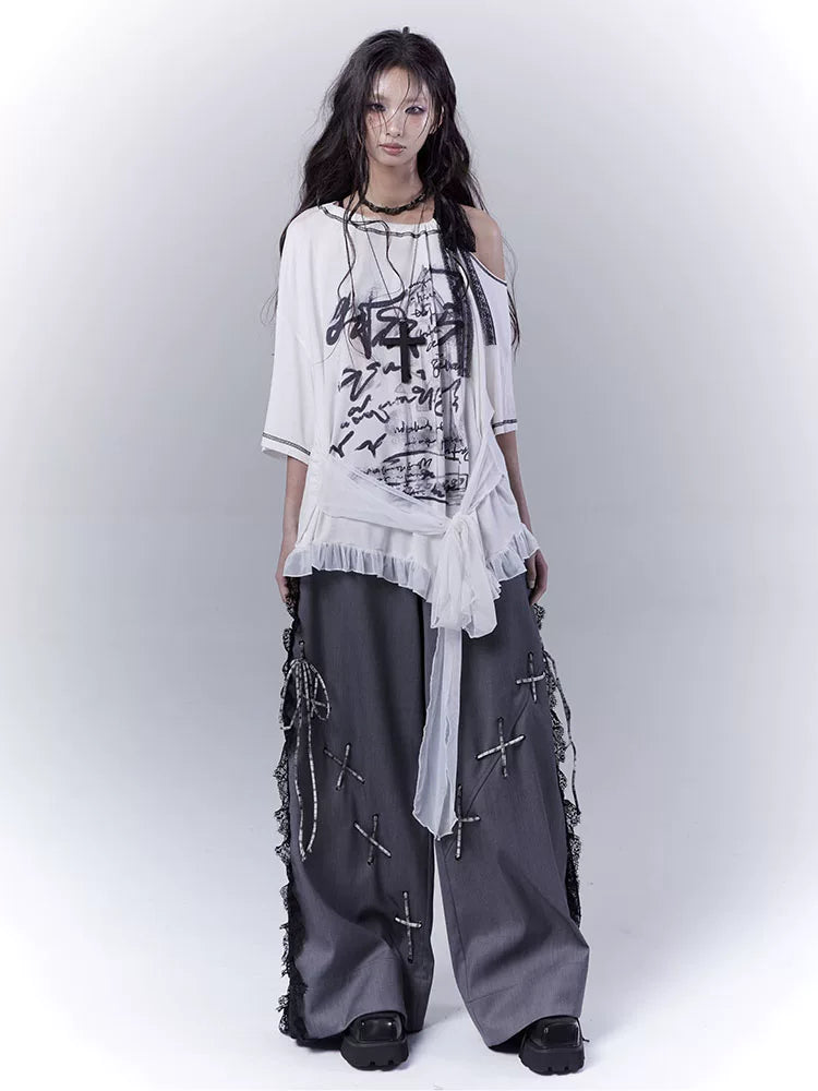 レースパッチワーク サイドストラップワイドパンツ DARK GREY 2