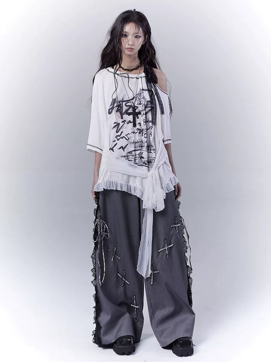 レースパッチワーク サイドストラップワイドパンツ DARK GREY 2