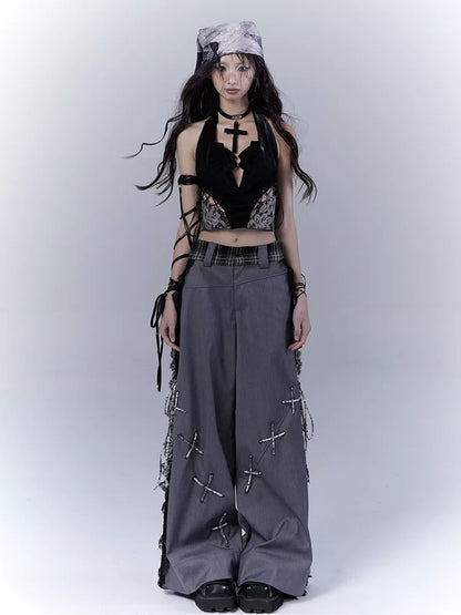 レースパッチワーク サイドストラップワイドパンツ DARK GREY 3