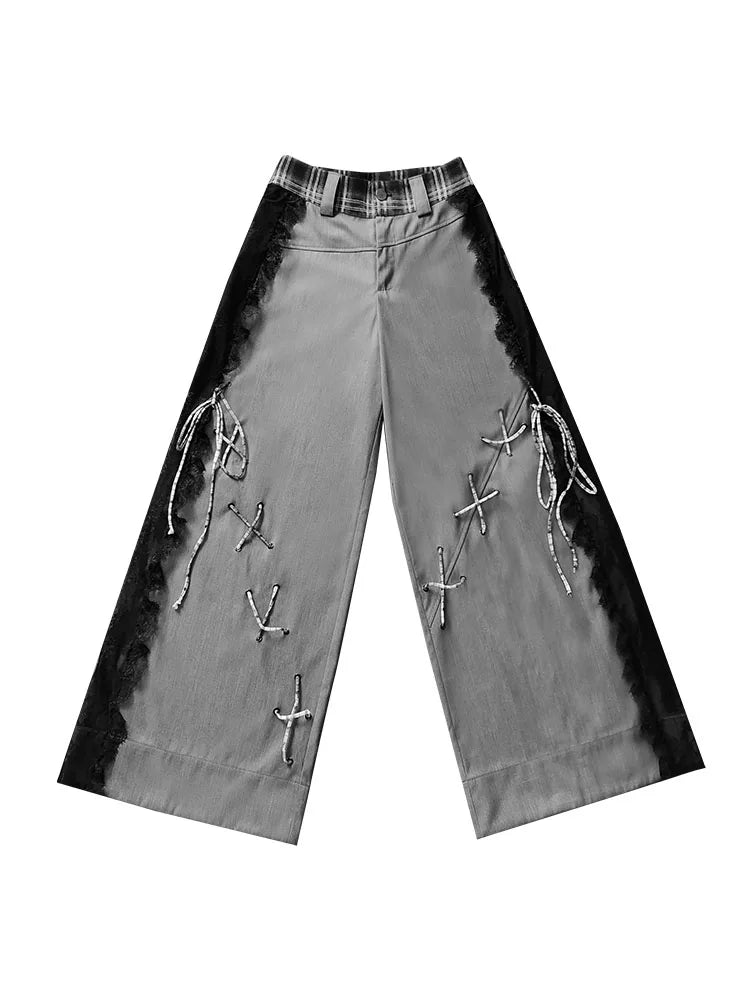 レースパッチワーク サイドストラップワイドパンツ DARK GREY 4