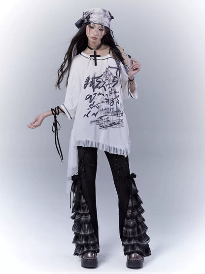 チェックストラップ ティアードフレアパンツ BLACK 1