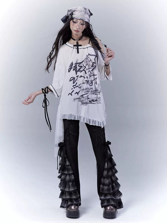 チェックストラップ ティアードフレアパンツ BLACK 1