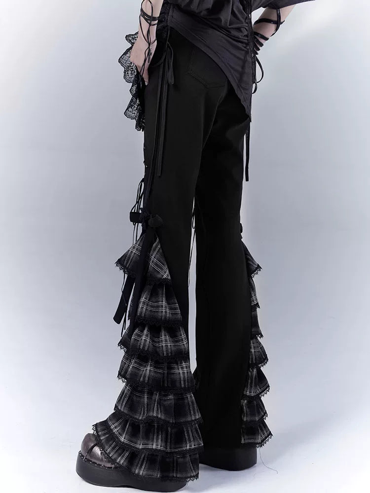 チェックストラップ ティアードフレアパンツ BLACK 2