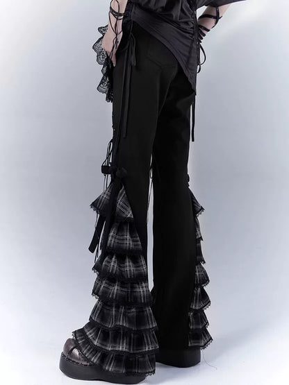 チェックストラップ ティアードフレアパンツ BLACK 2