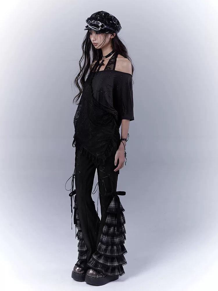 チェックストラップ ティアードフレアパンツ BLACK 3