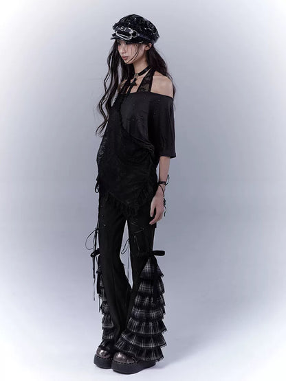 チェックストラップ ティアードフレアパンツ BLACK 3