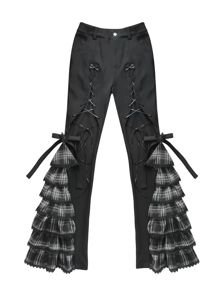 チェックストラップ ティアードフレアパンツ BLACK 4