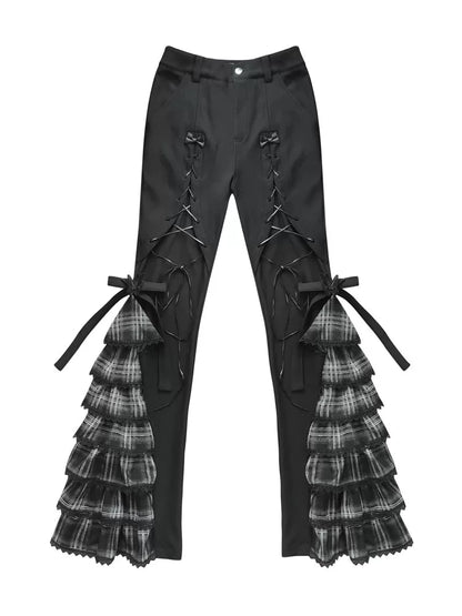 チェックストラップ ティアードフレアパンツ BLACK 4