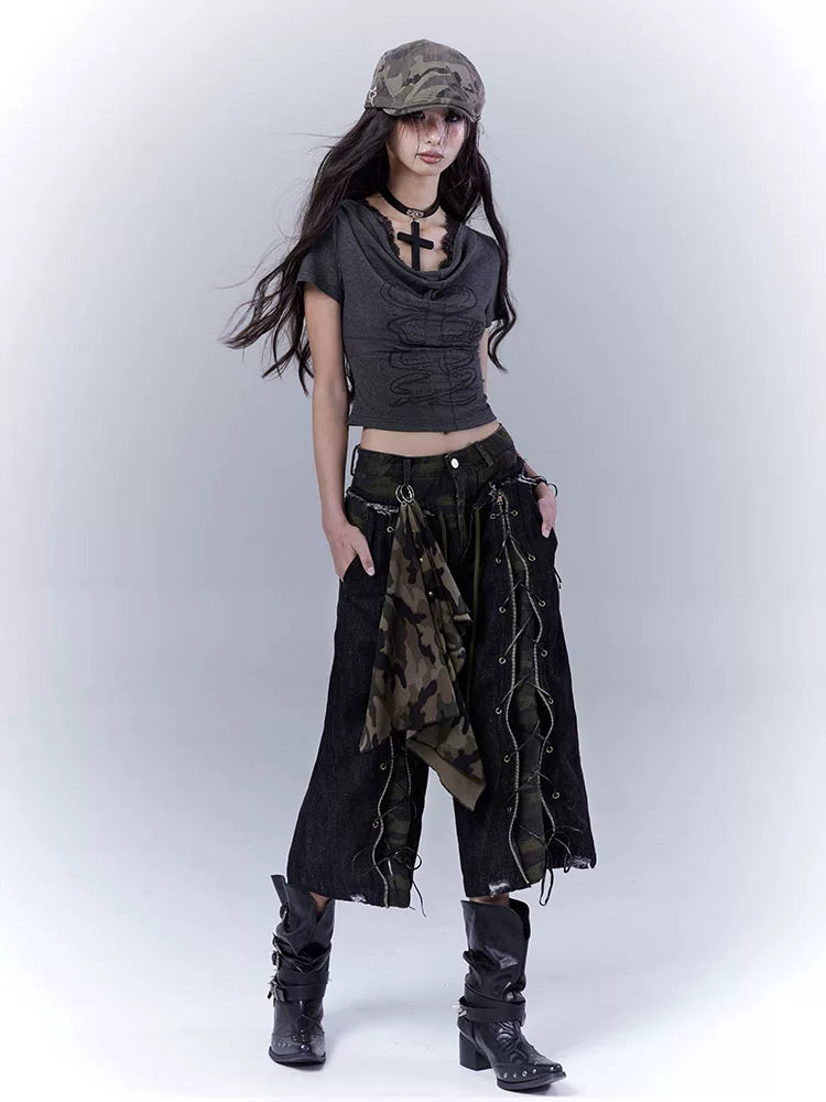 カモフラージュ ストラップクロップドパンツ BLACK 1