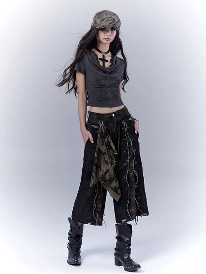 カモフラージュ ストラップクロップドパンツ BLACK 1