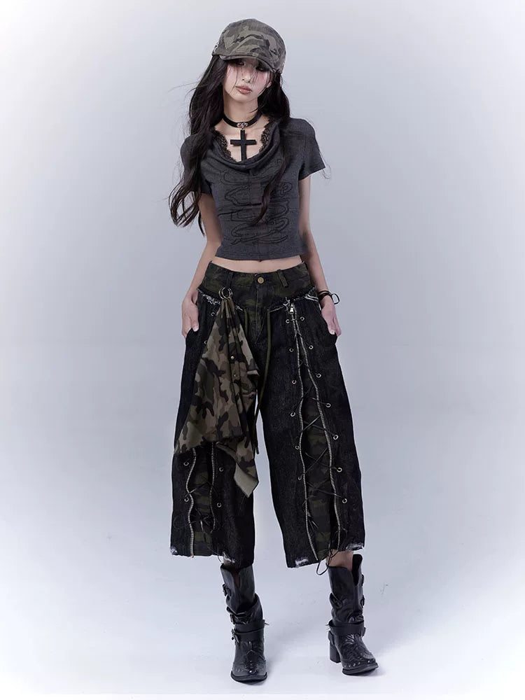 カモフラージュ ストラップクロップドパンツ BLACK 3