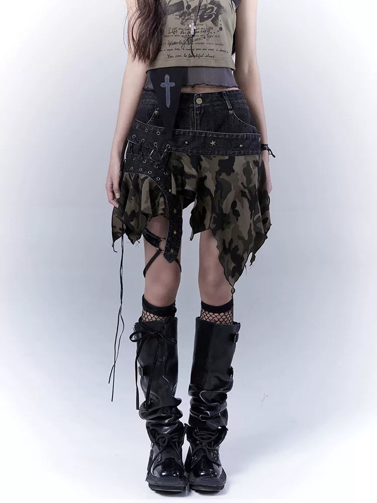 カモフラージュレイヤード ストラップキュロットパンツ BLACK 1