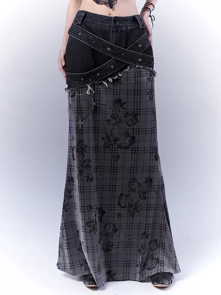 ローズチェック パッチワークロングスカート BLACK 2