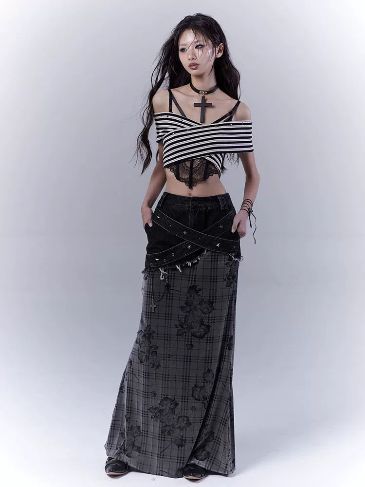 ローズチェック パッチワークロングスカート BLACK 3