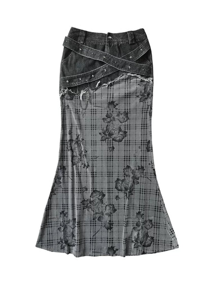 ローズチェック パッチワークロングスカート BLACK 4