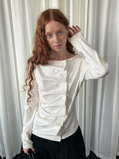 ギャザーシャーリング ロングスリーブトップス WHITE front