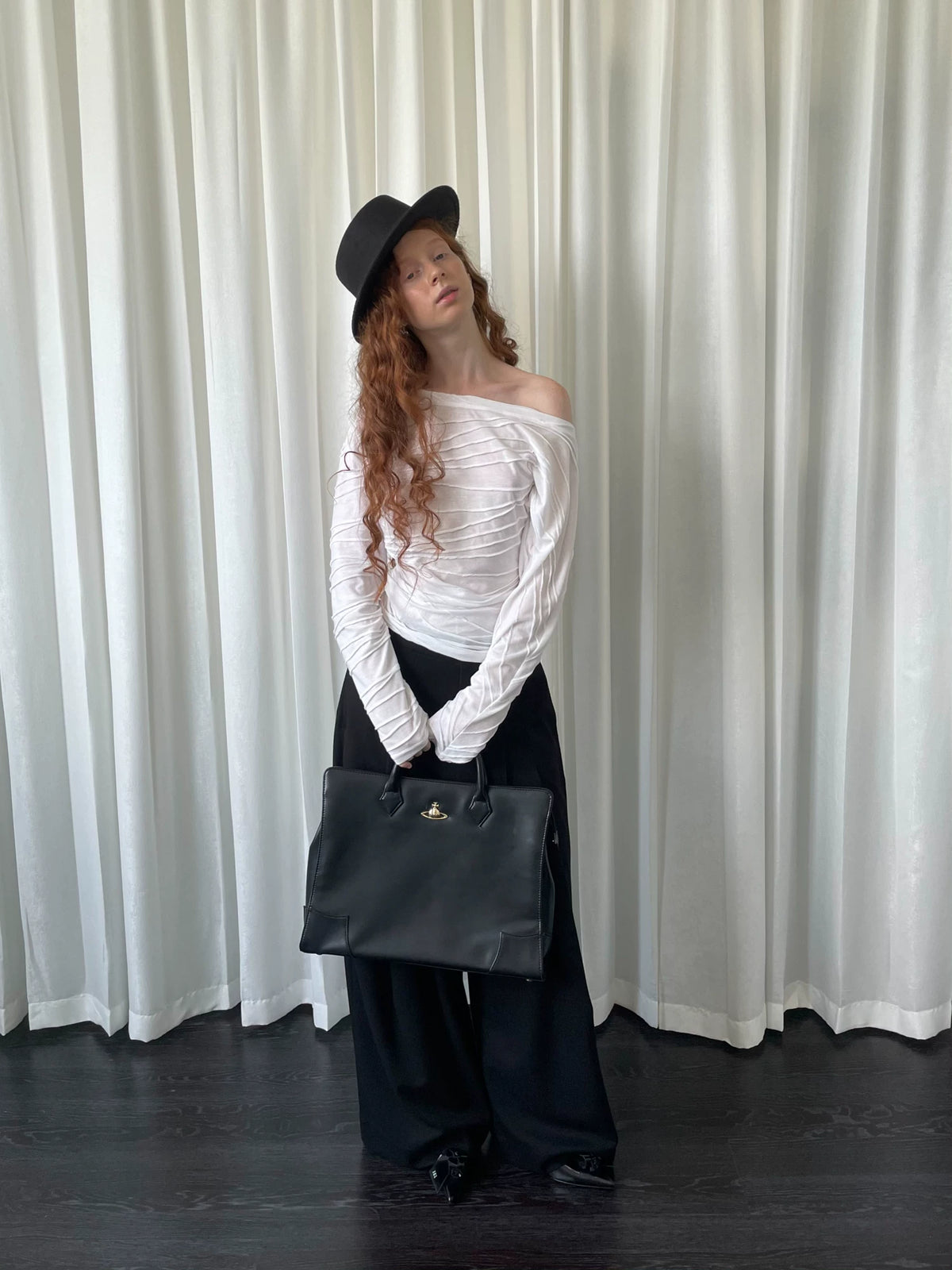 ワンショルダー シャーリングロングスリーブトップス styling 19