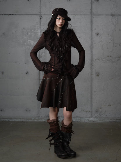 ゴールドフリルレース スタンドカラーシャツ DARK BROWN front
