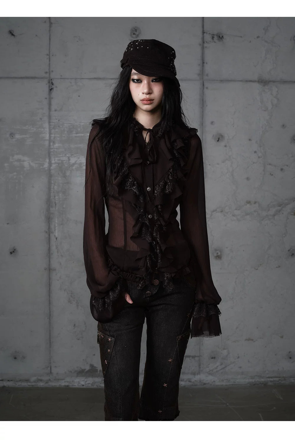 ゴールドフリルレース スタンドカラーシャツ styling 23