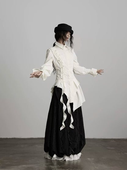 アシンメトリーフリル ウエストロングシャツ IVORY 1