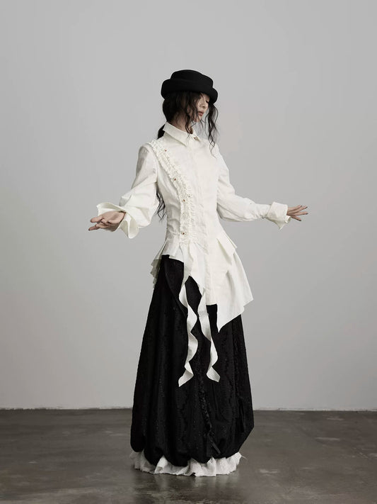 アシンメトリーフリル ウエストロングシャツ IVORY 1