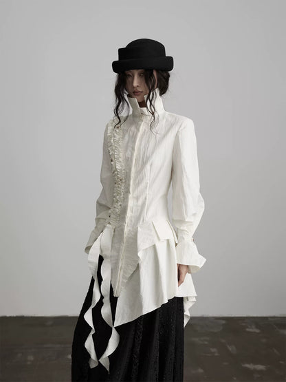アシンメトリーフリル ウエストロングシャツ IVORY 2