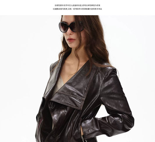 ドレープカラー クロップドレザージャケット DARK BROWN front