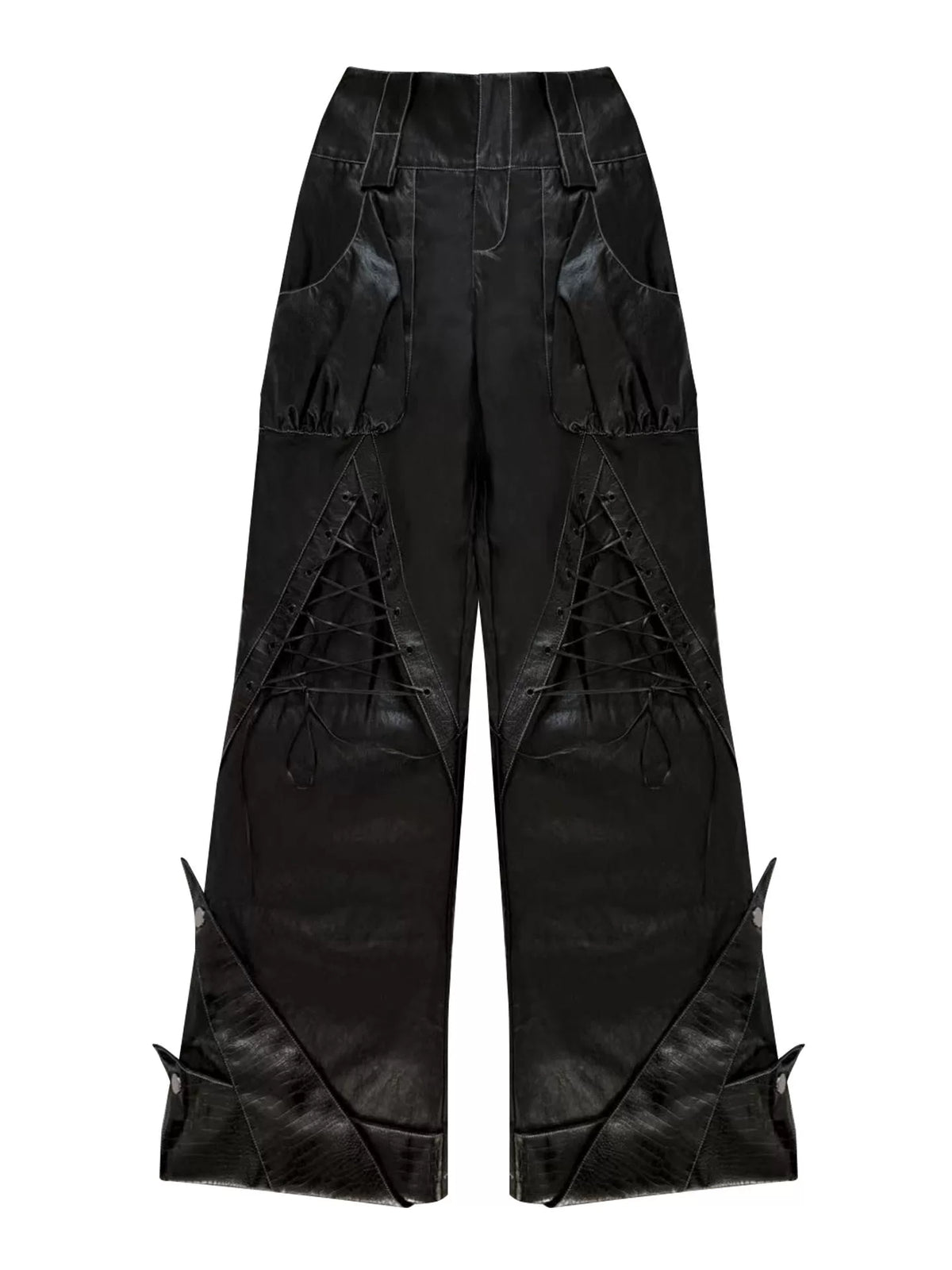 ダブルウエスト ストラップワイドレザーパンツ BLACK 4