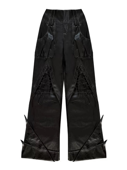 ダブルウエスト ストラップワイドレザーパンツ BLACK 4