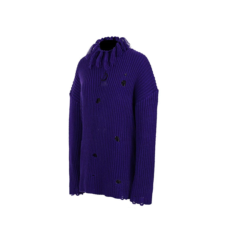 ダメージハイネック オーバーサイズニット PURPLE front