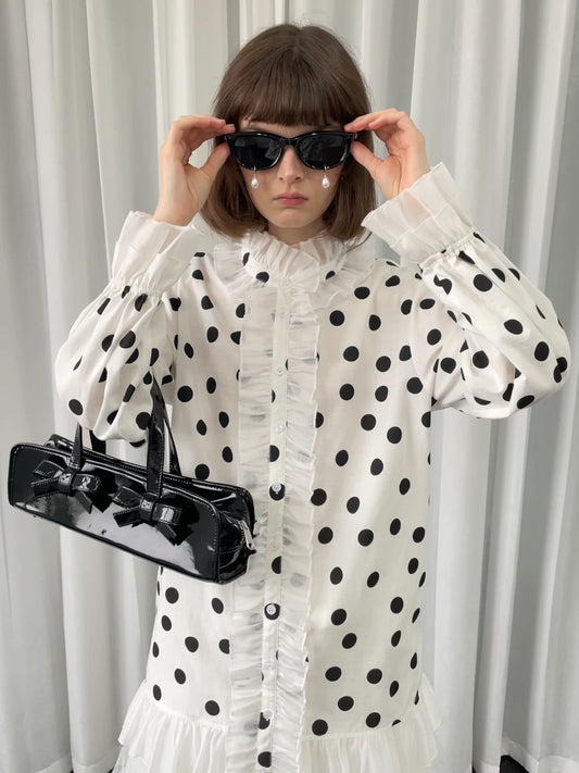 ドットプリント フリルロングシャツ WHITE / BLACK front