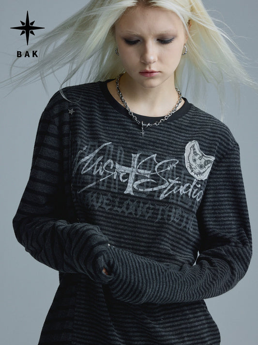 アシンメトリーボーダー スタッズロングスリーブTシャツ｜BE ALL KABUTO｜商品画像2