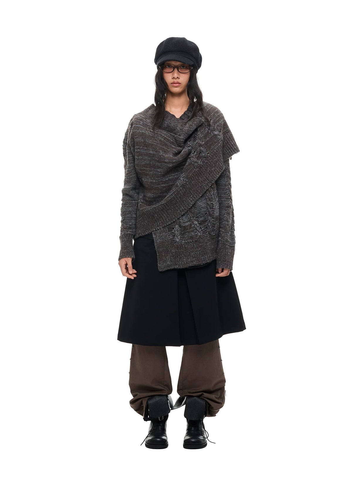 アシンメトリーフロント ニットカーディガン｜DARK GREY MELANGE｜記載の商品単体
