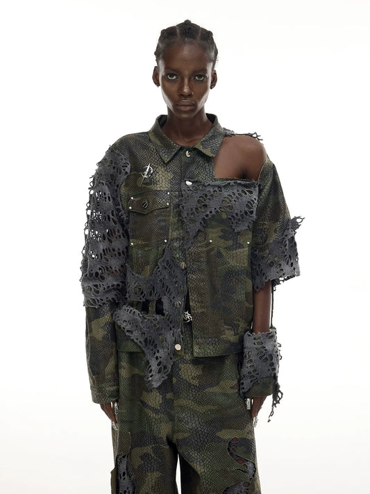 カモフラージュ カットアウトデニムジャケット｜PINKSPINK｜着用・ディテール 1