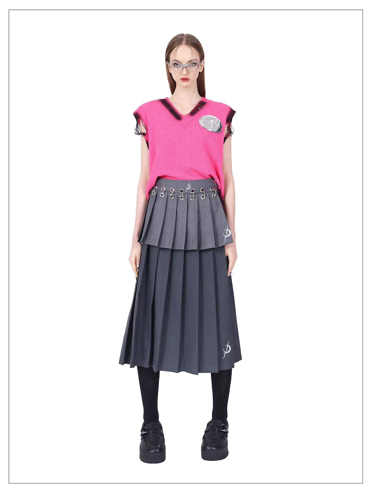 着脱式 レイヤードプリーツスカート｜PINKSPINK｜着用・ディテール 1